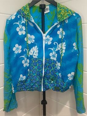 VTG Vanity Y2K Tropical Hibiscus Rayon 2pc Lounge Set Hoodie Capri Pants M